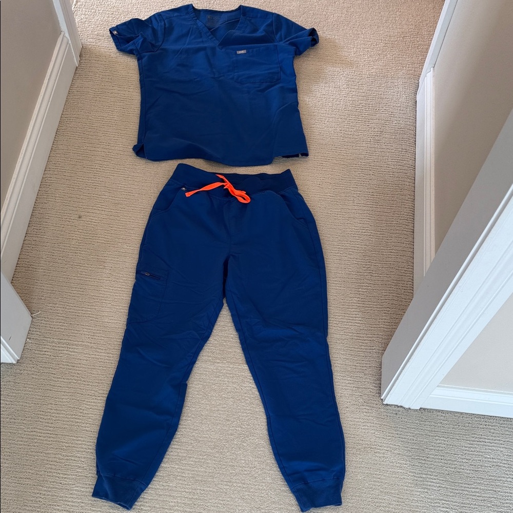 Figs Royal Blue Scrub Set with Orange Drawstring